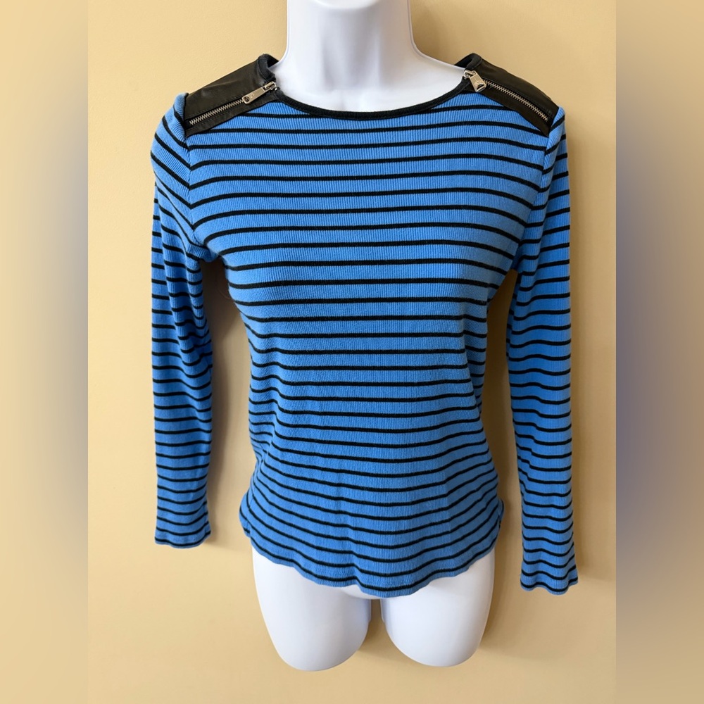 Lauren Ralph Lauren Blue Striped Top Faux Leather Detail, Silver Zippers, Size S